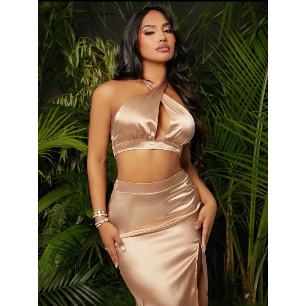 Two-Piece Champagne Satin Criss-Cross Halter Top Skirt Set